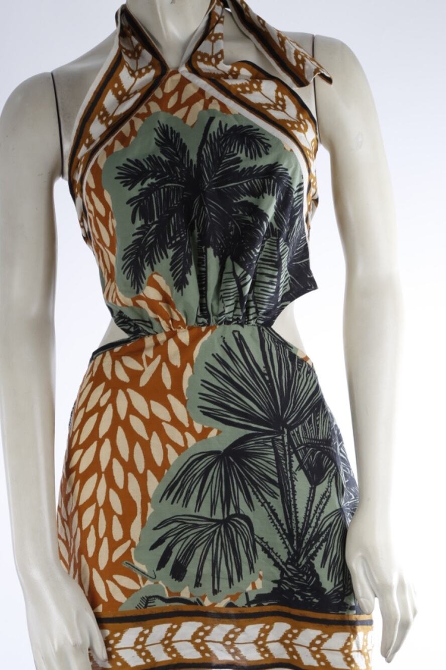 Johanna Ortiz Palm Tree Sleeveless Cutout Halter Mini Dress 100% Cotton Size S